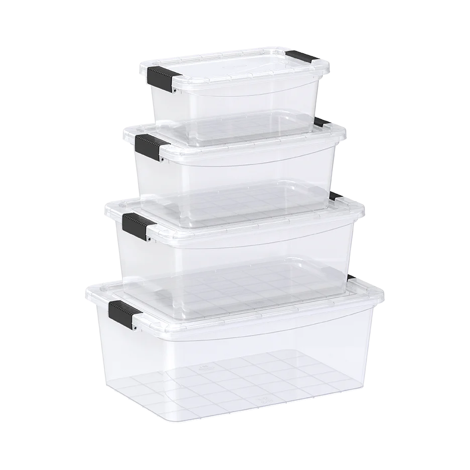 Set of 5, 8, 13, 20 Liters Clear Plastic Storage Boxes with Lockable Lids