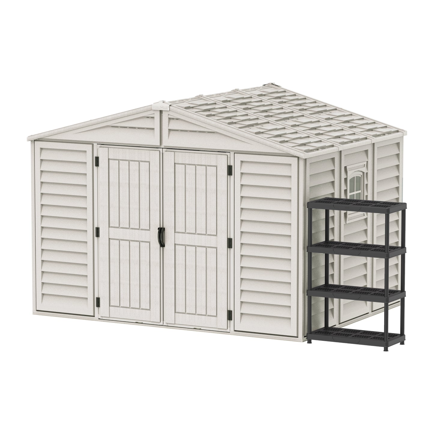 WoodBridge 10.5x8ft 324.8 x 247 x 233.2 cm Resin Garden Storage Shed with FREE Shelving Rack 4