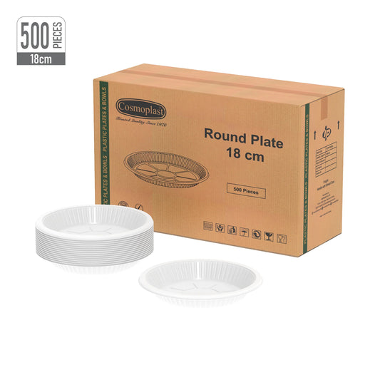 Wholesale Plastic Round Plates 18 cm 500 Pcs- Cosmoplast Oman