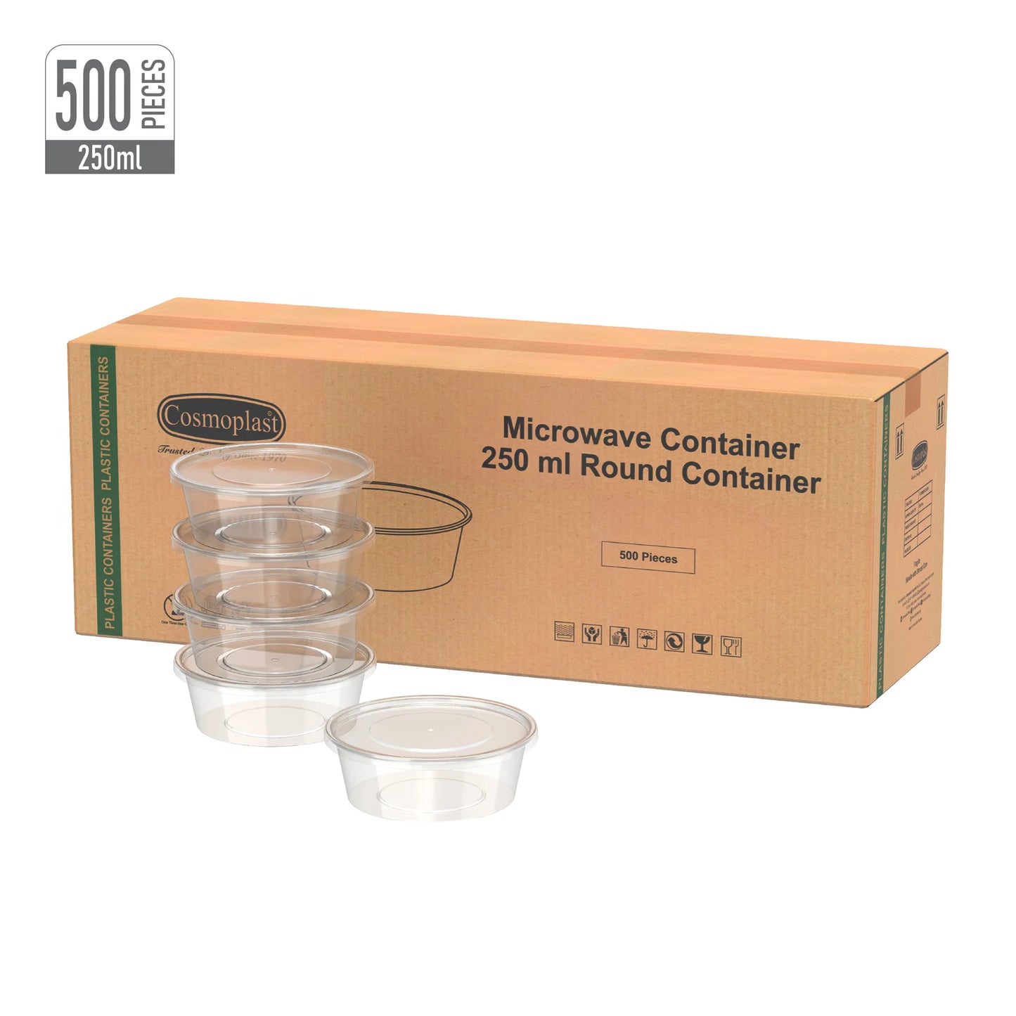 250 ml Carton of 500 Clear Microwave Containers with Clear Lids